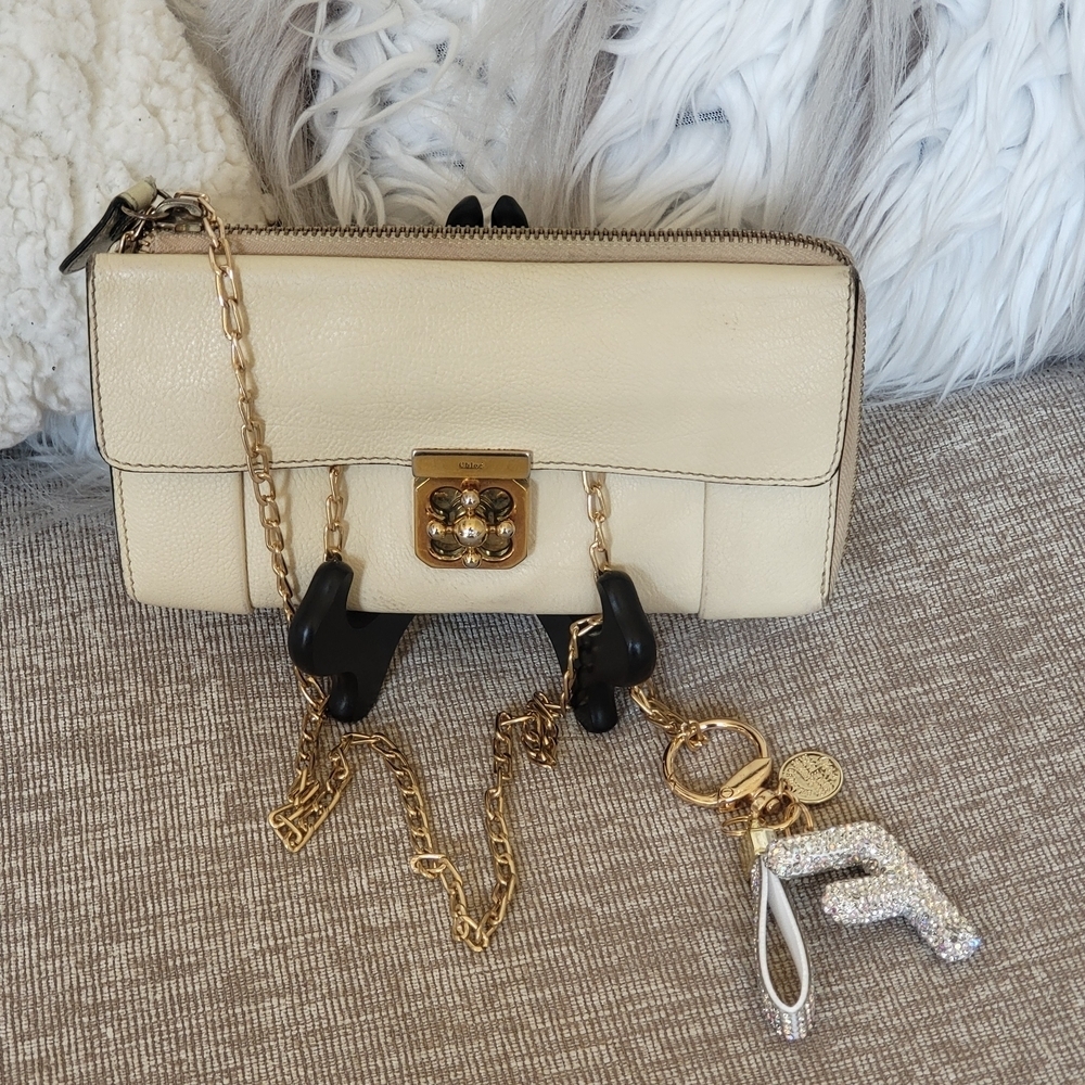 Chloe Elsie Continental Turn Lock Cream Goat Skin Leather Zip Long Wallet